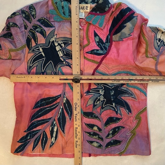 Anage Womens 100% Silk Embroidered Flowers Patchwork Jacket M palm tree pink - Picture 5 of 6